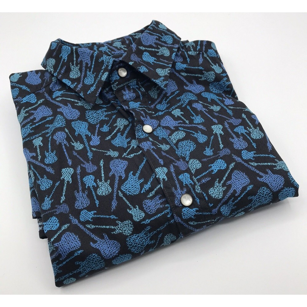 VTG Cremieux Premium Button Shirt Mens SMALL Guitars Black Blue Short Sleeve Y2K